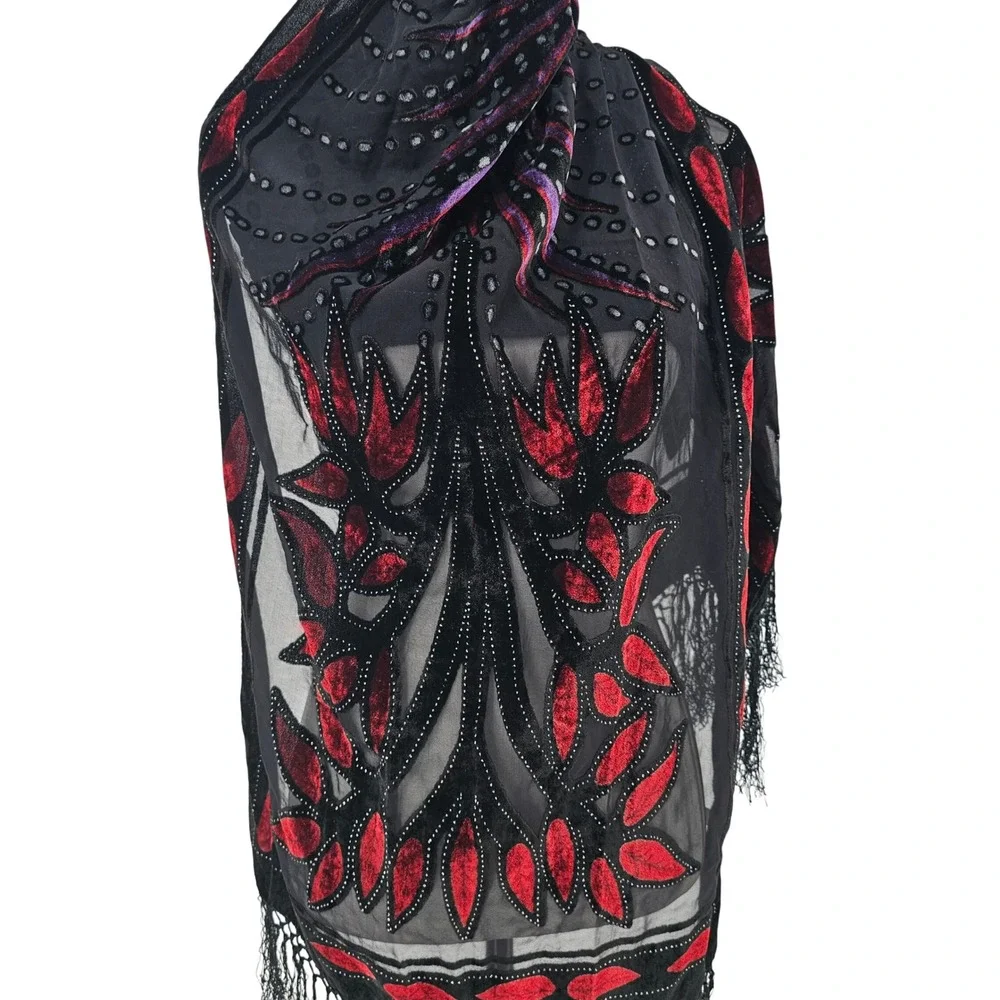 Silk Velvet Burnout Shawl Scarf OS Black Red Gothic Art Deco Flapper Fringe